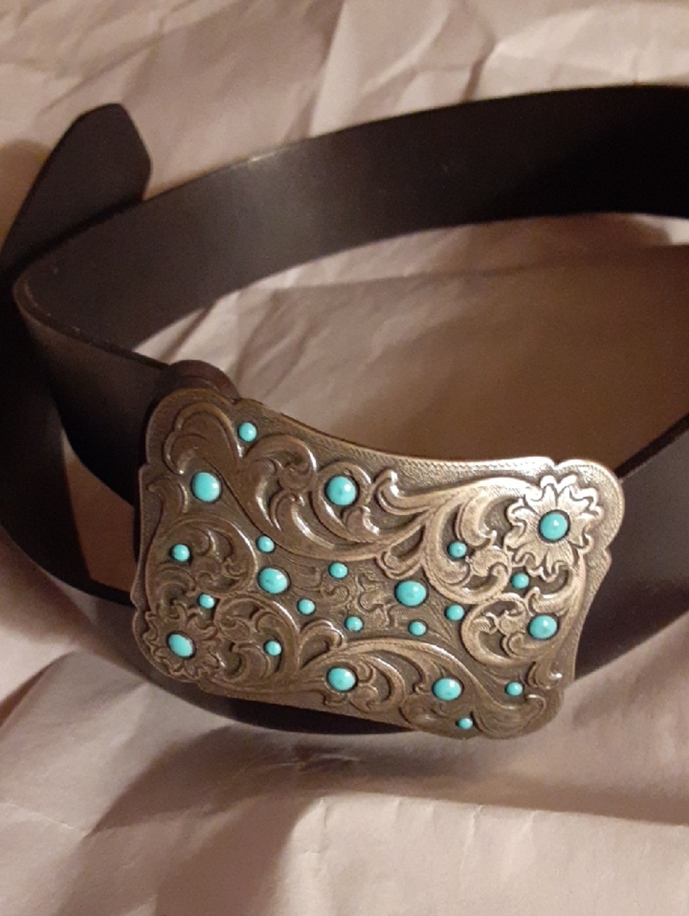 Fossil Dark Brown  Leather Belt with Turquoise-Accent Silver Buckle/Sz M
